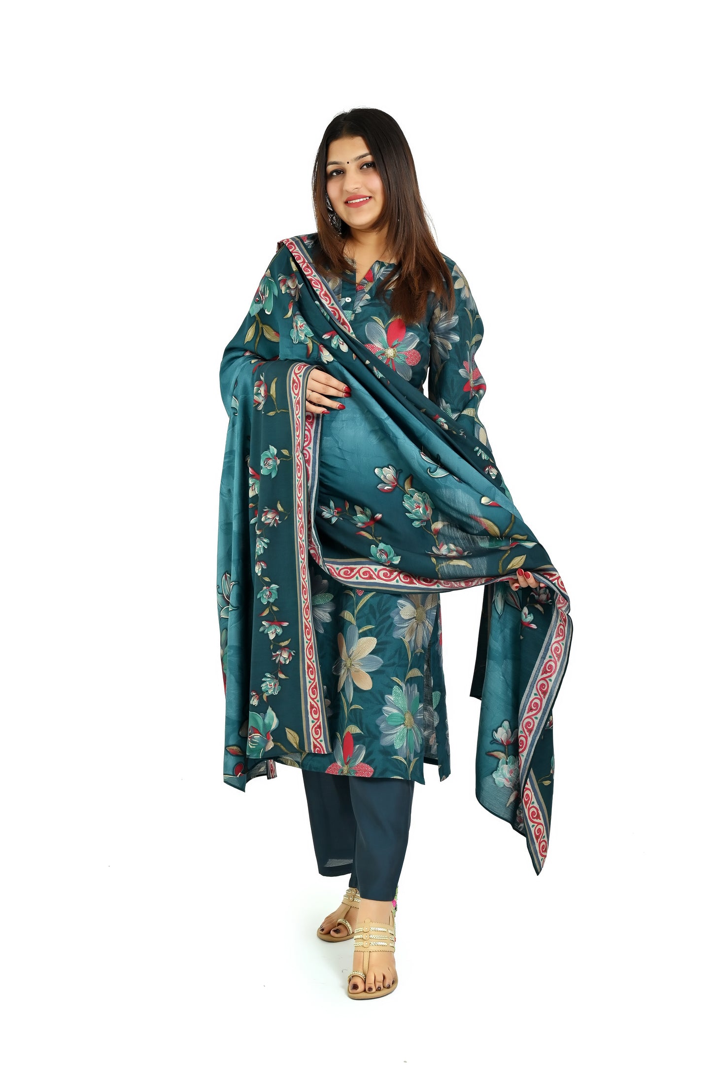 Deep green printed kurta and pant with matching dupatta