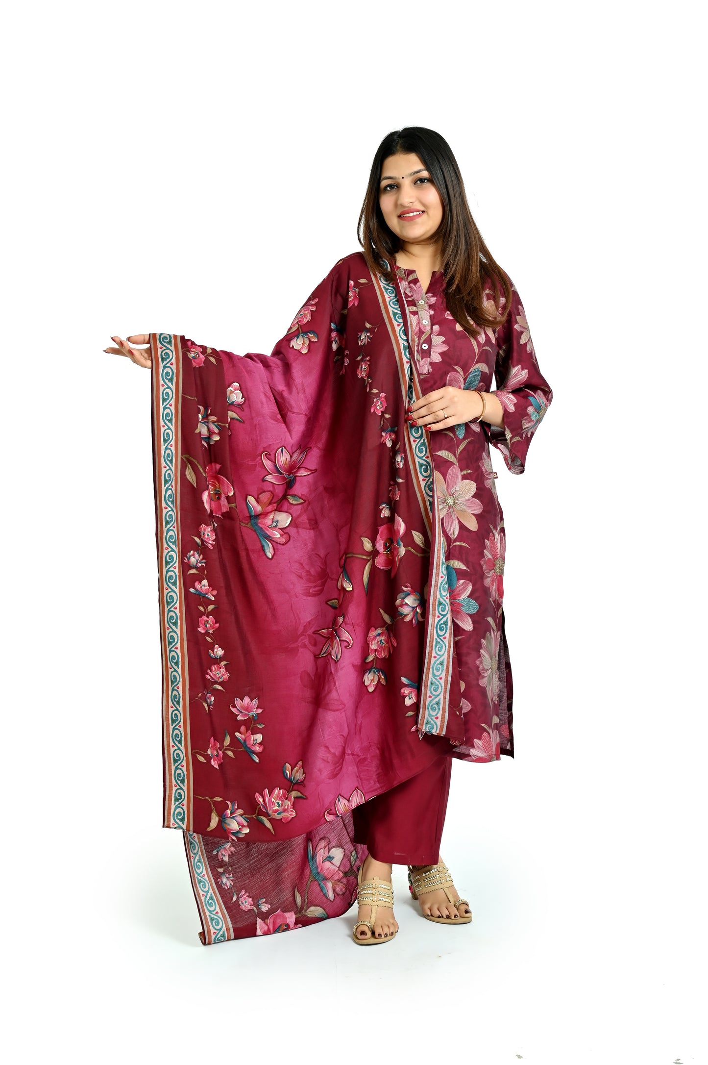 Dark red printed kurta and pant with matching dupatta