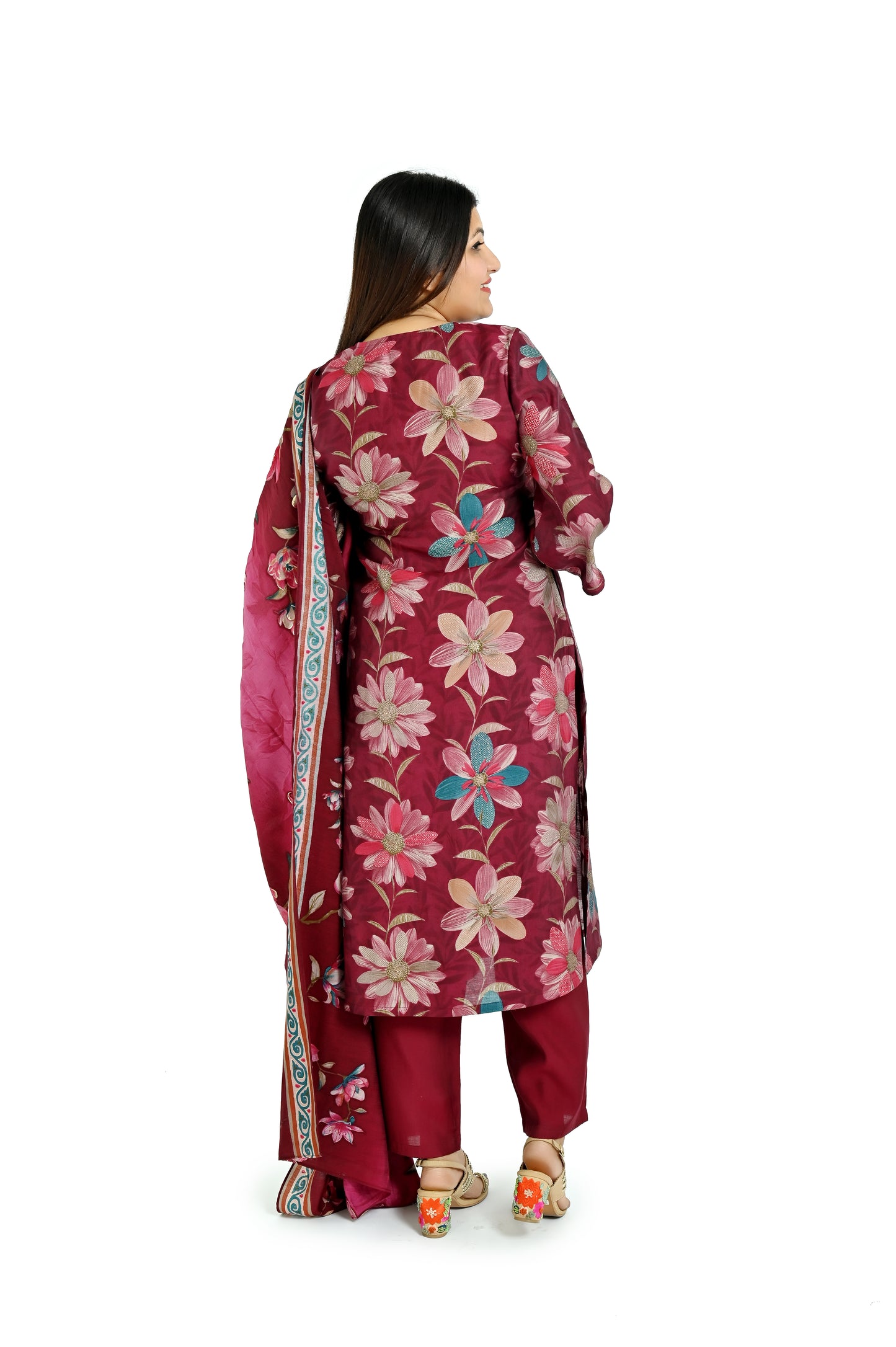 Dark red printed kurta and pant with matching dupatta