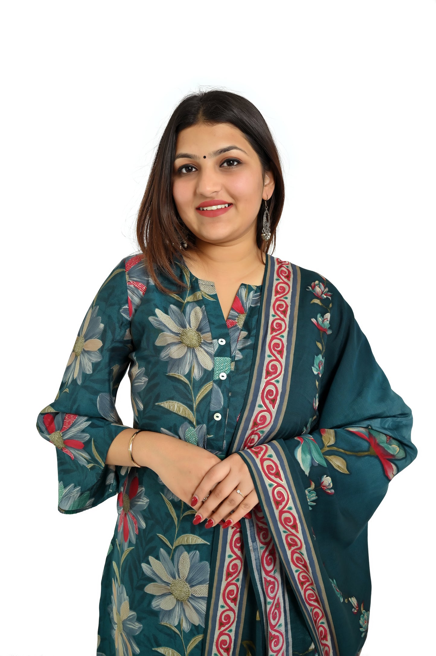 Deep green printed kurta and pant with matching dupatta