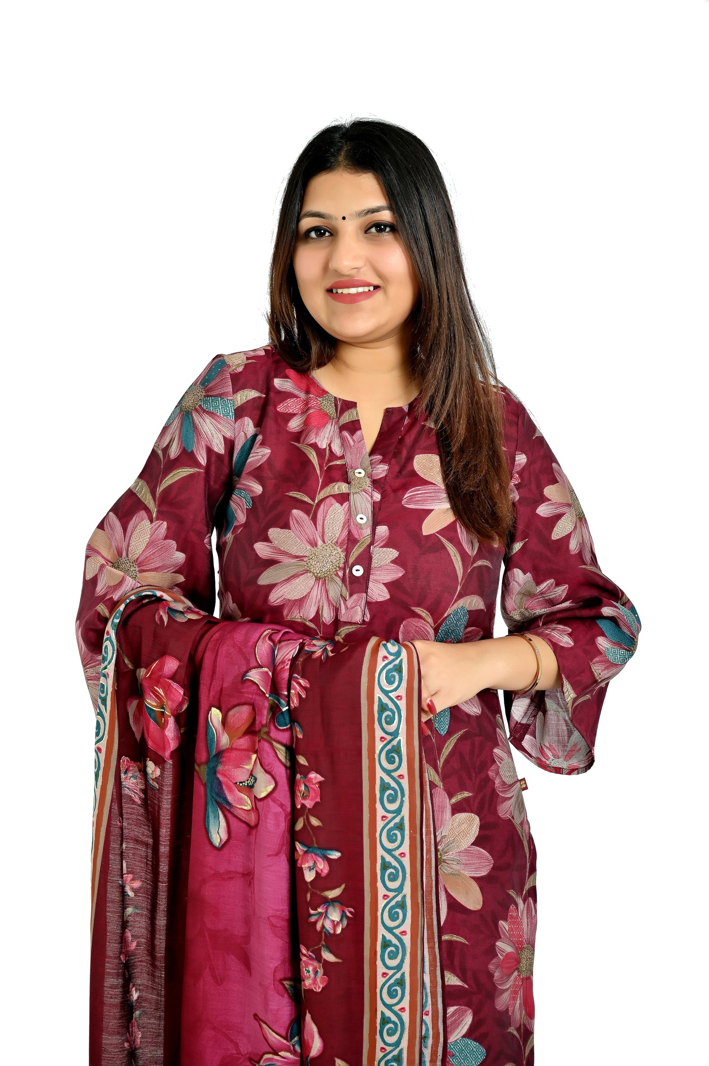 Dark red printed kurta and pant with matching dupatta
