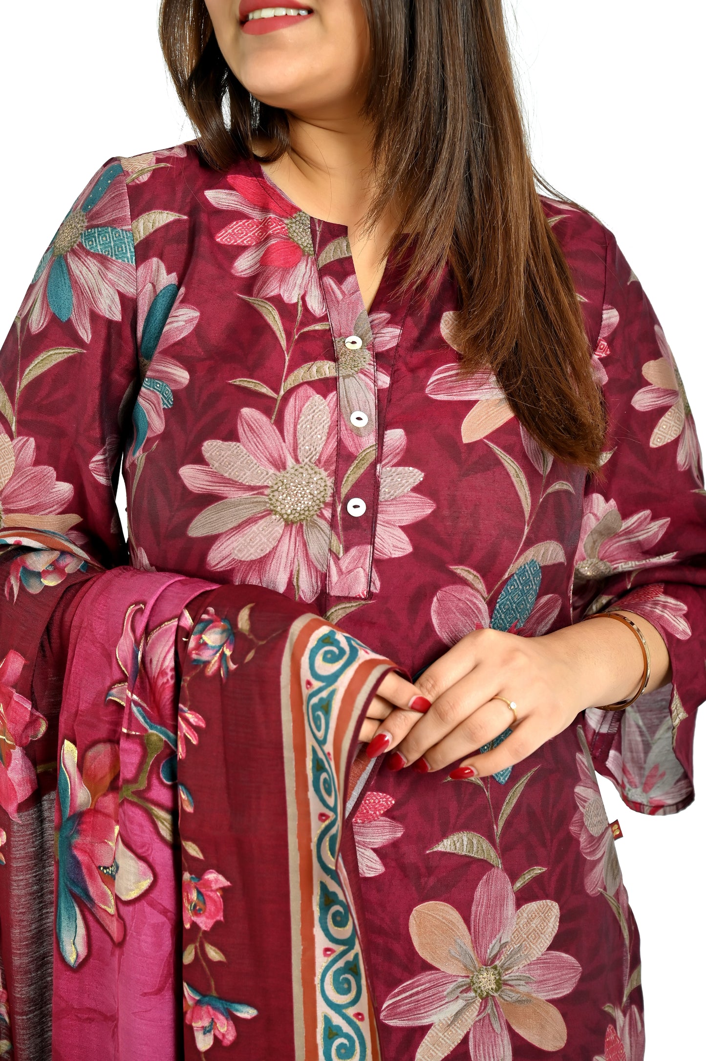 Dark red printed kurta and pant with matching dupatta