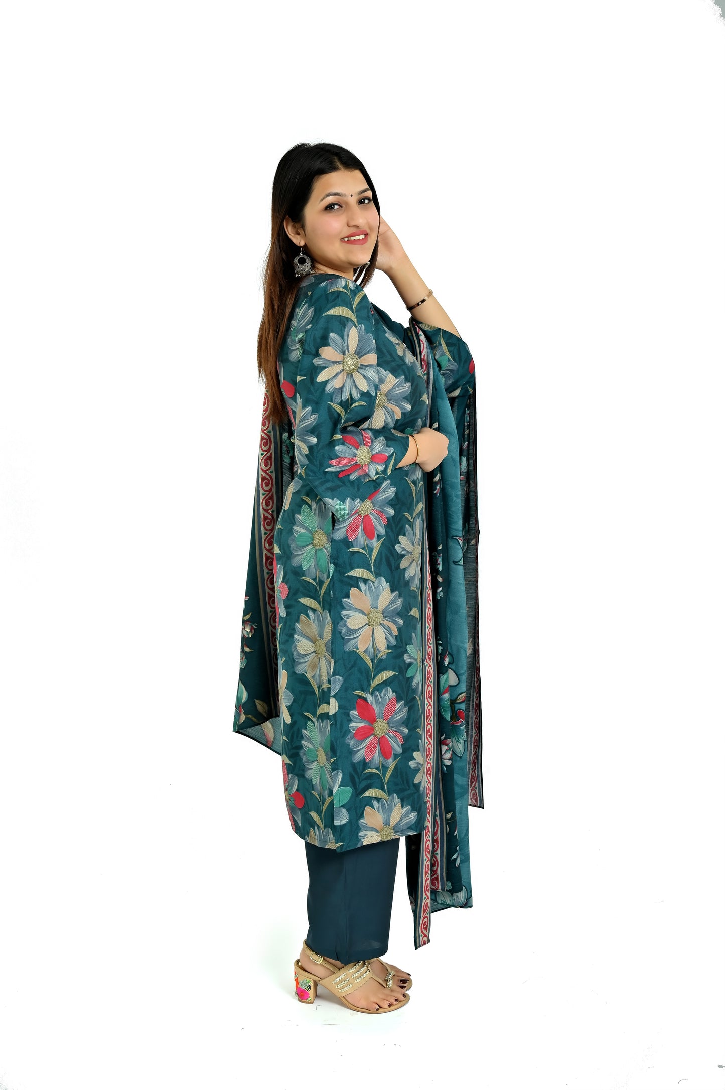Deep green printed kurta and pant with matching dupatta