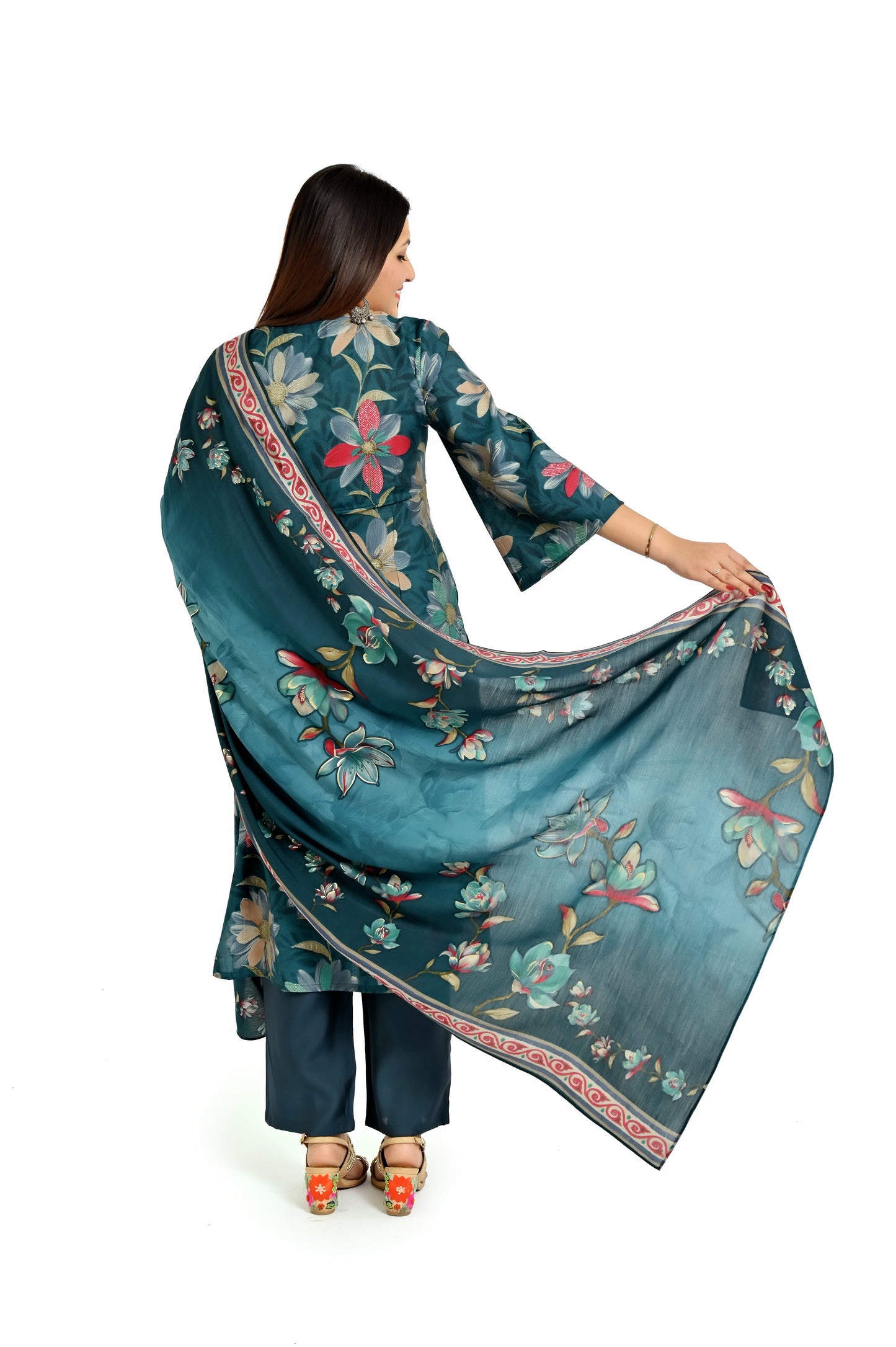 Deep green printed kurta and pant with matching dupatta