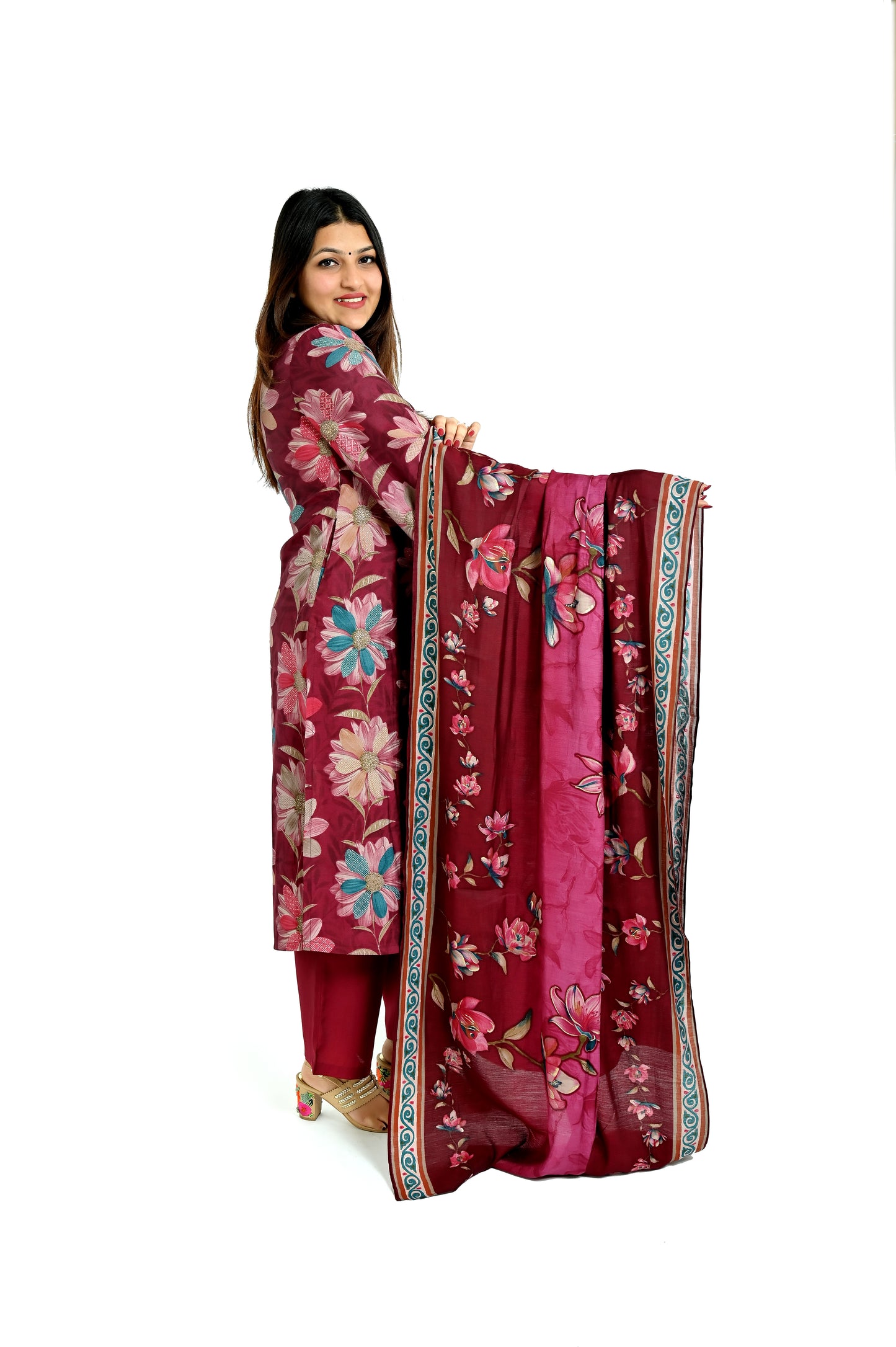 Dark red printed kurta and pant with matching dupatta