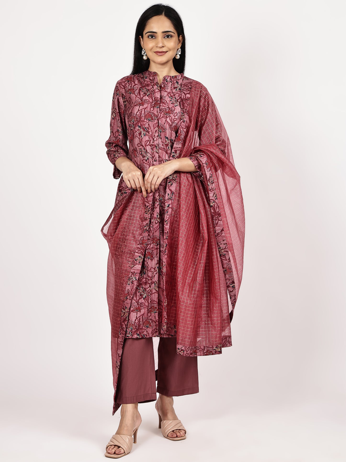 Maroon Printed Kurta Set with Chiffon Dupatta