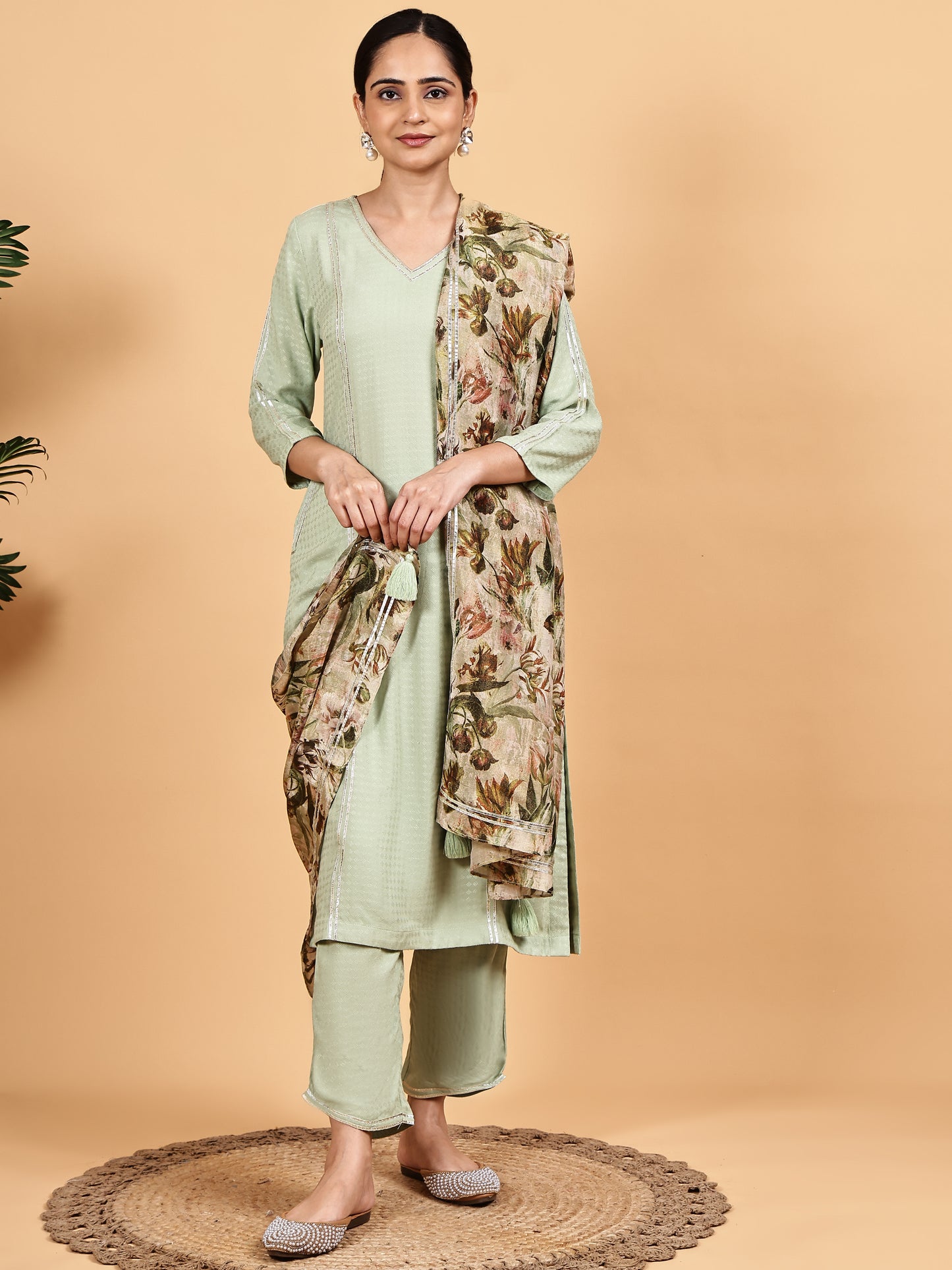 Mint Green Solid Kurta Set with Floral Printed Dupatta