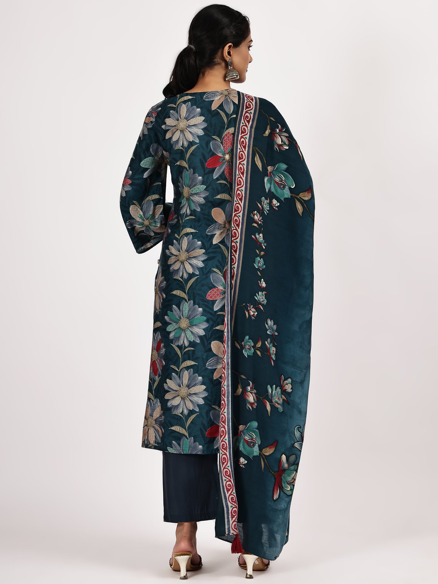 Dark Teal Floral Printed Kurta Set with Pants & Dupatta