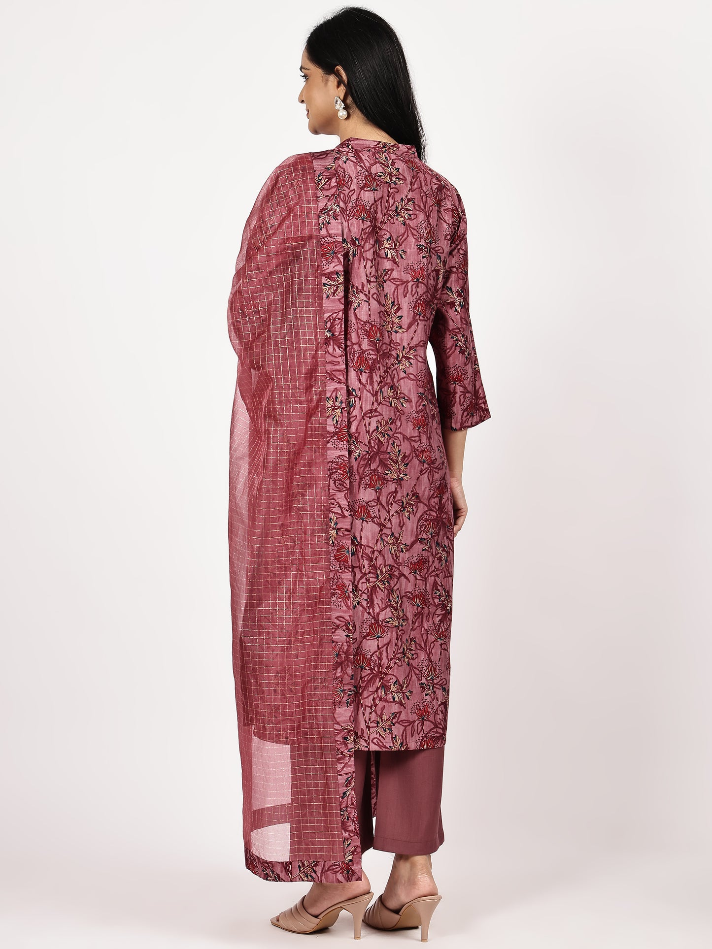 Maroon Printed Kurta Set with Chiffon Dupatta