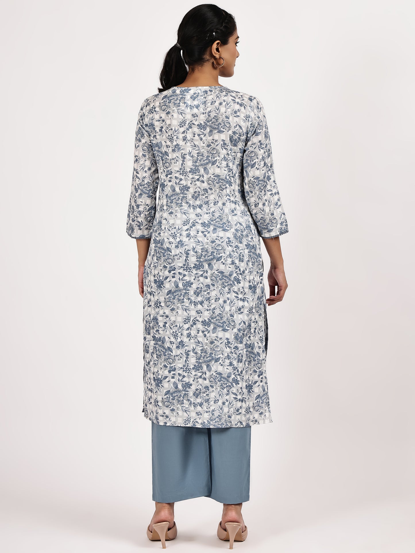 Blue & White Floral Printed Straight Kurta with Pants