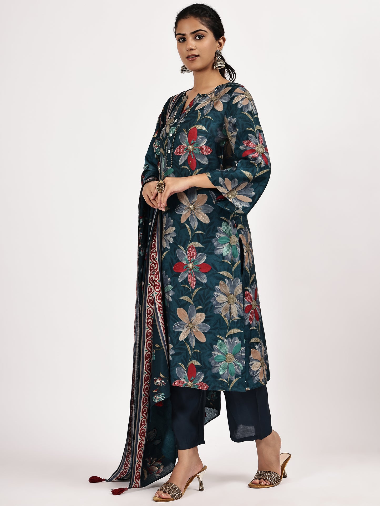 Dark Teal Floral Printed Kurta Set with Pants & Dupatta