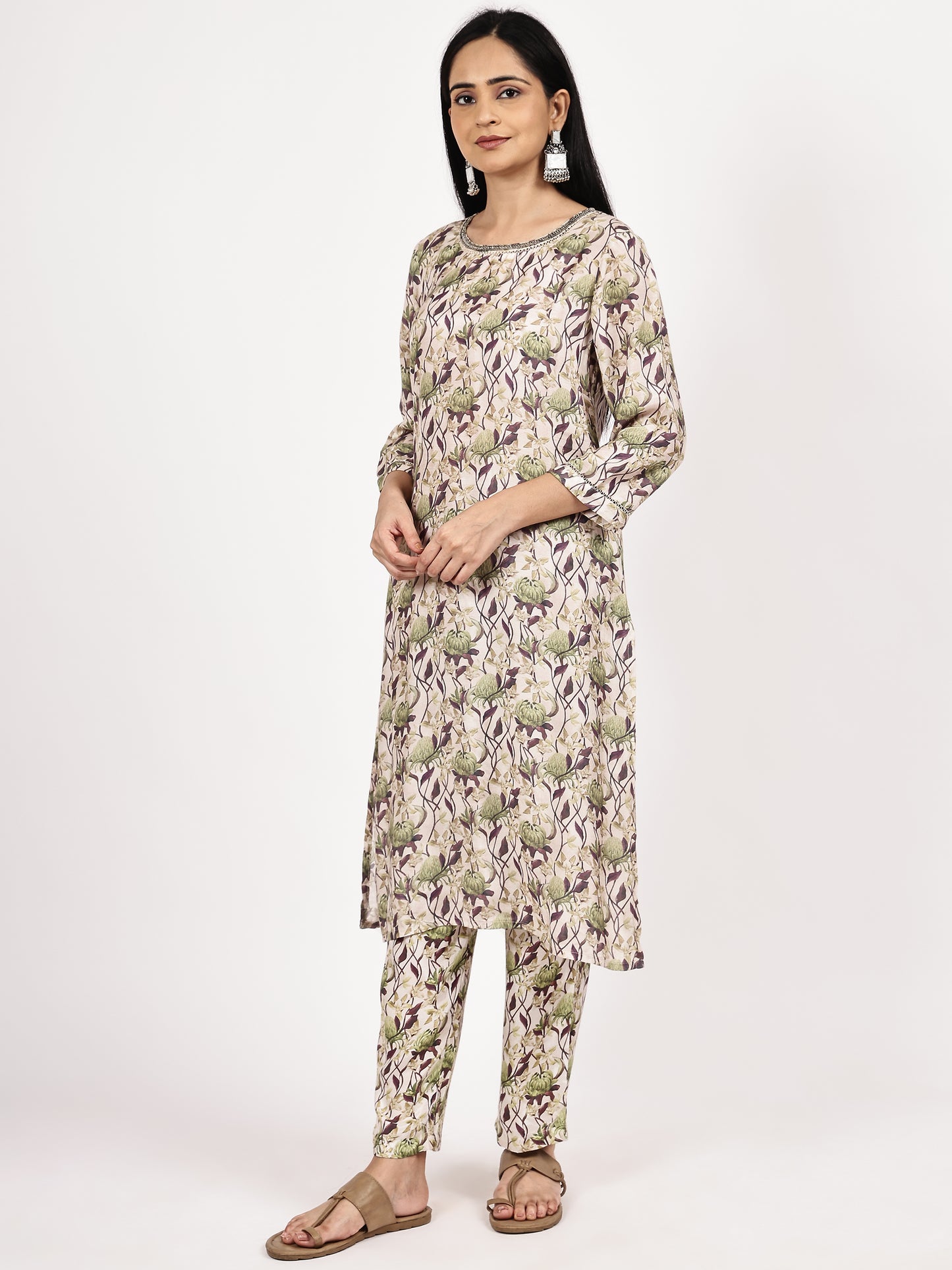 Grey Floral print Kurta with pant