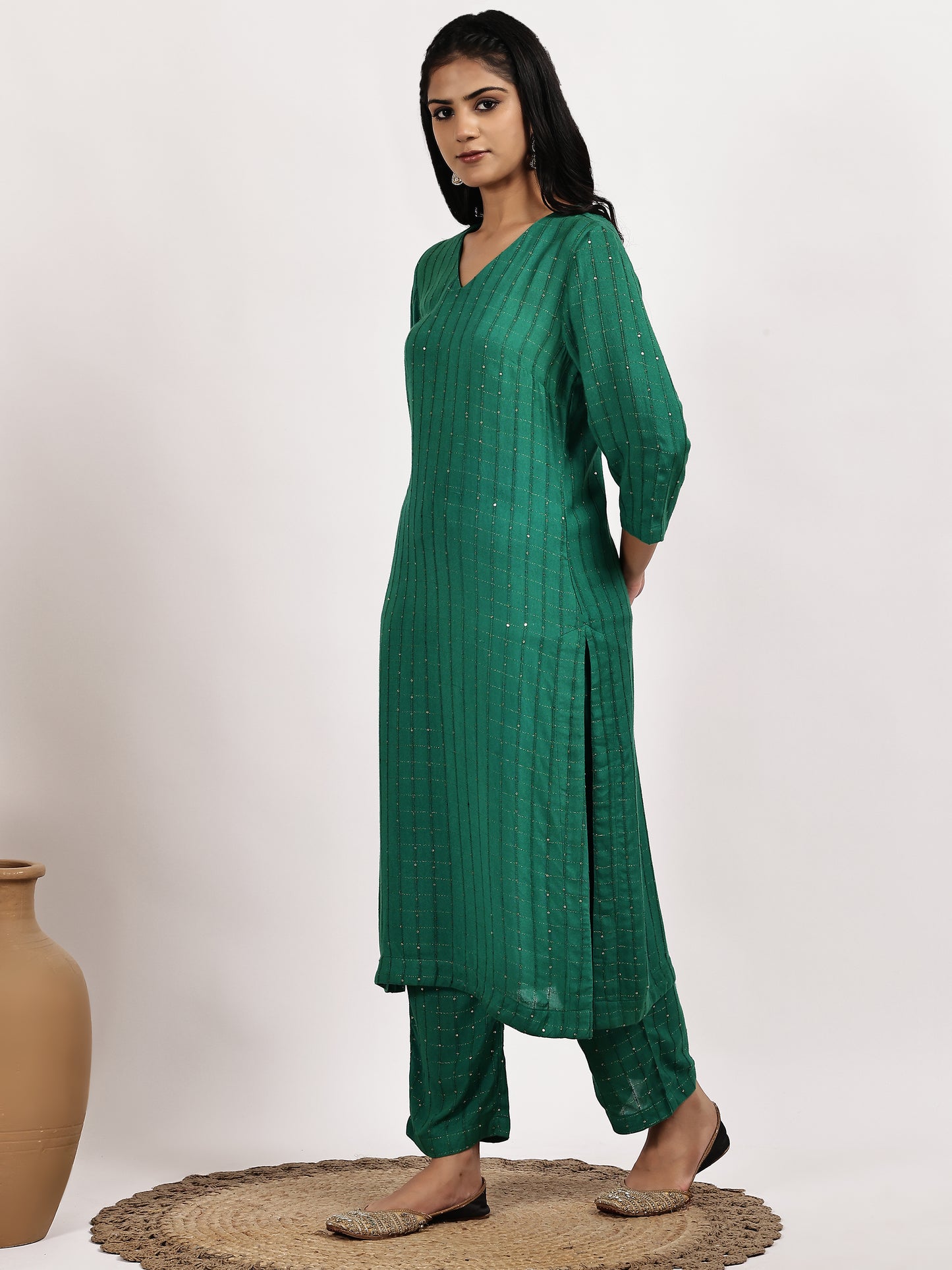 Emerald Green Self-Patterned Kurta with pant