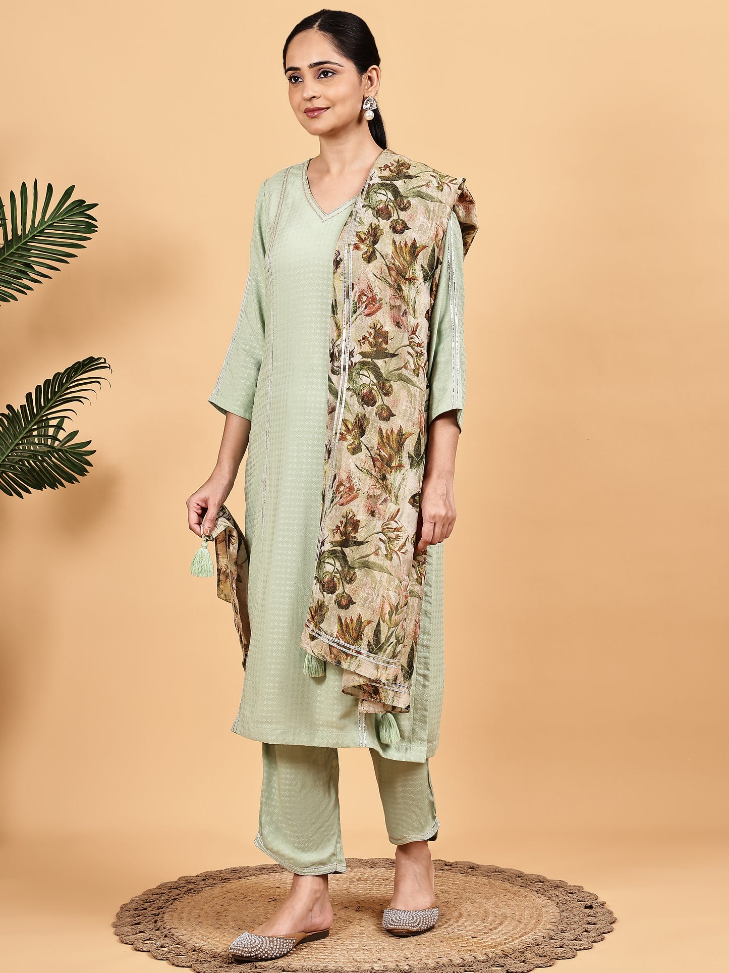 Mint Green Solid Kurta Set with Floral Printed Dupatta