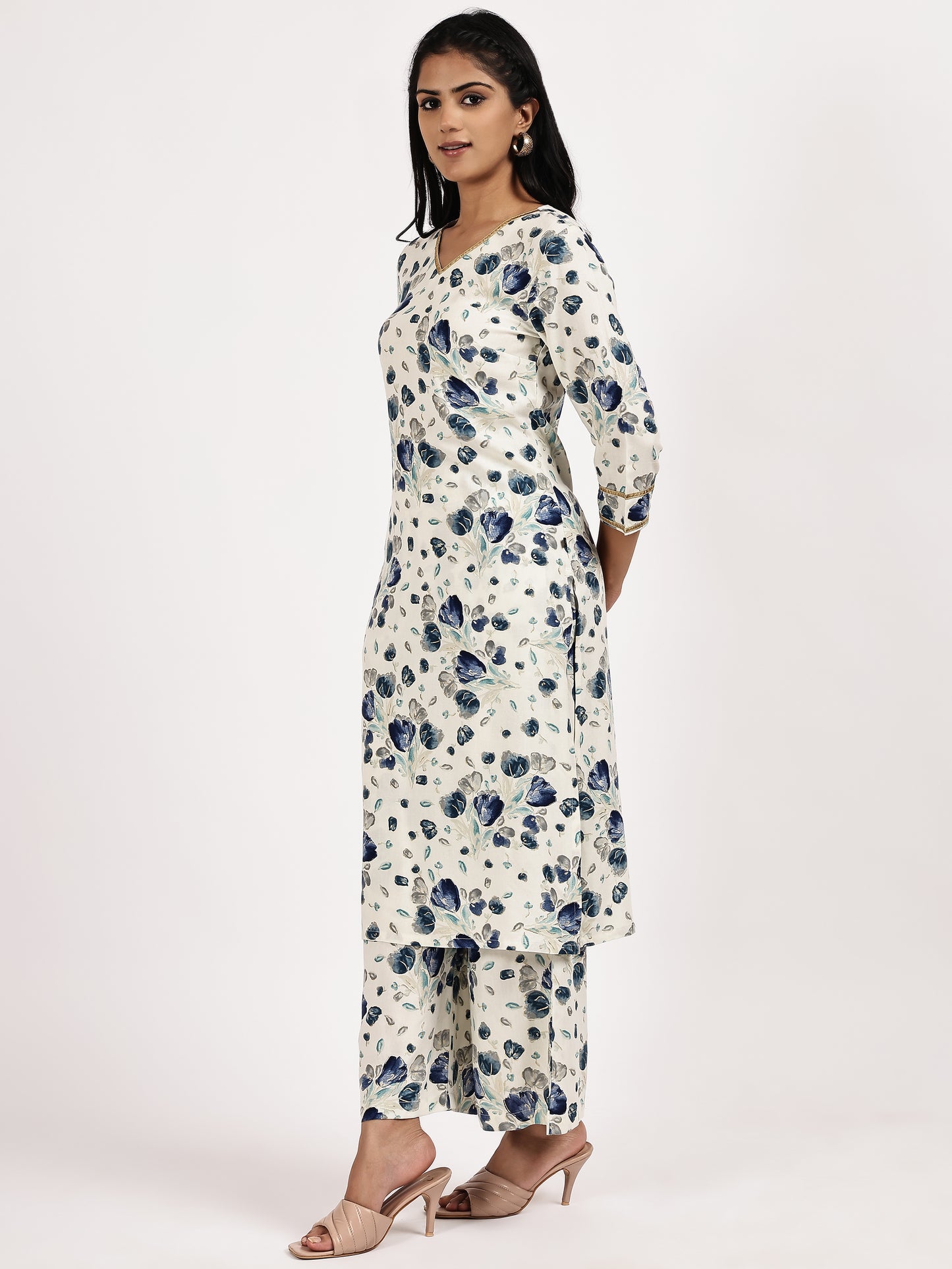 White & Blue Floral Printed Kurta with Pant