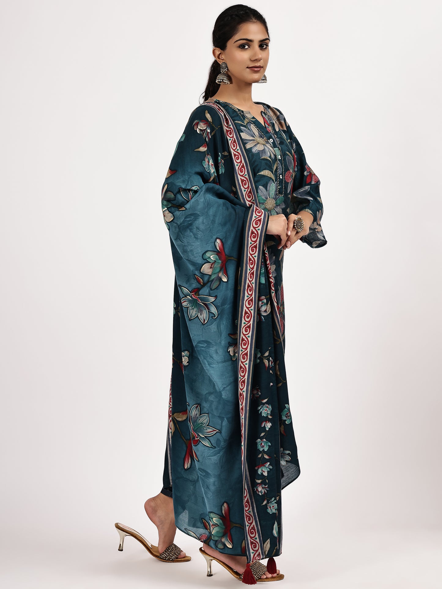 Dark Teal Floral Printed Kurta Set with Pants & Dupatta