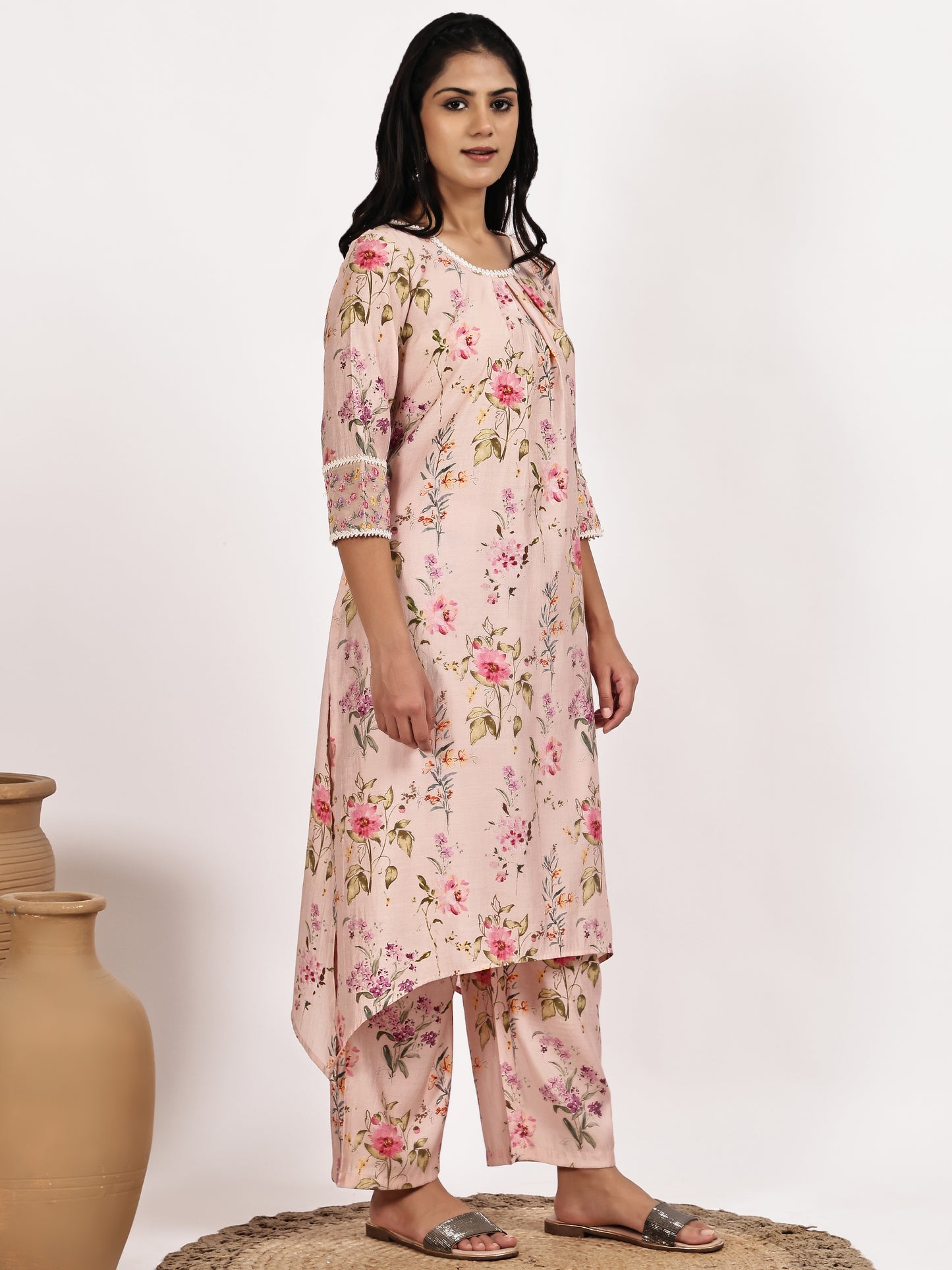 blush Pink Floral Asymmetric Kurta with pant