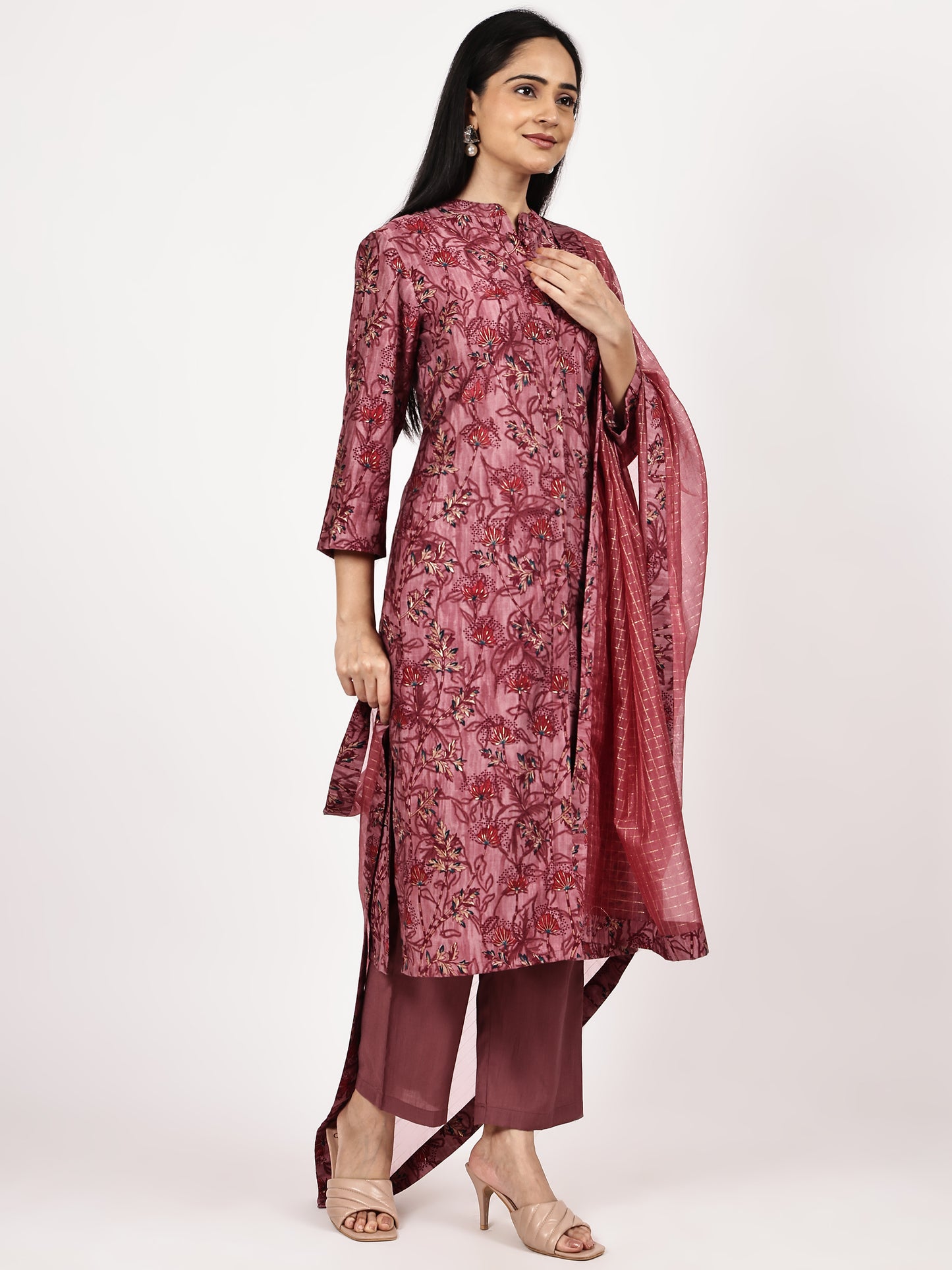 Maroon Printed Kurta Set with Chiffon Dupatta