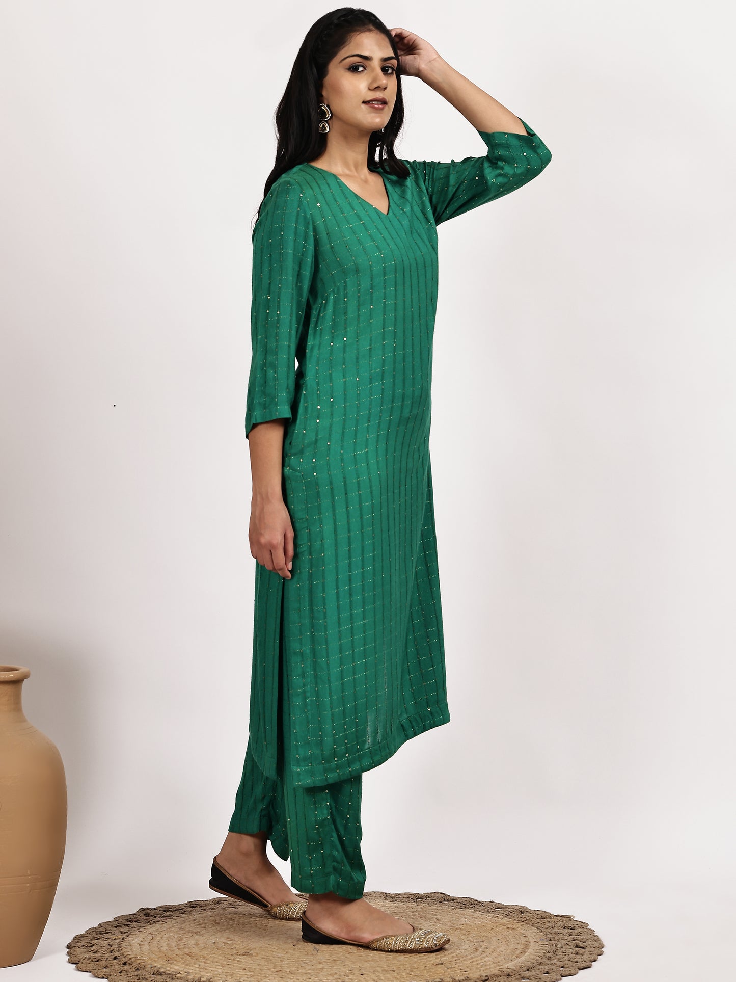 Emerald Green Self-Patterned Kurta with pant