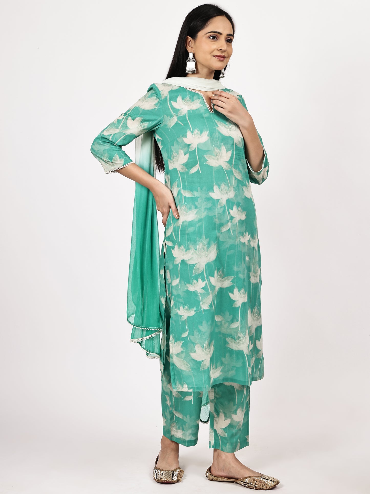 Sea Green Printed Kurta Set with Dupatta