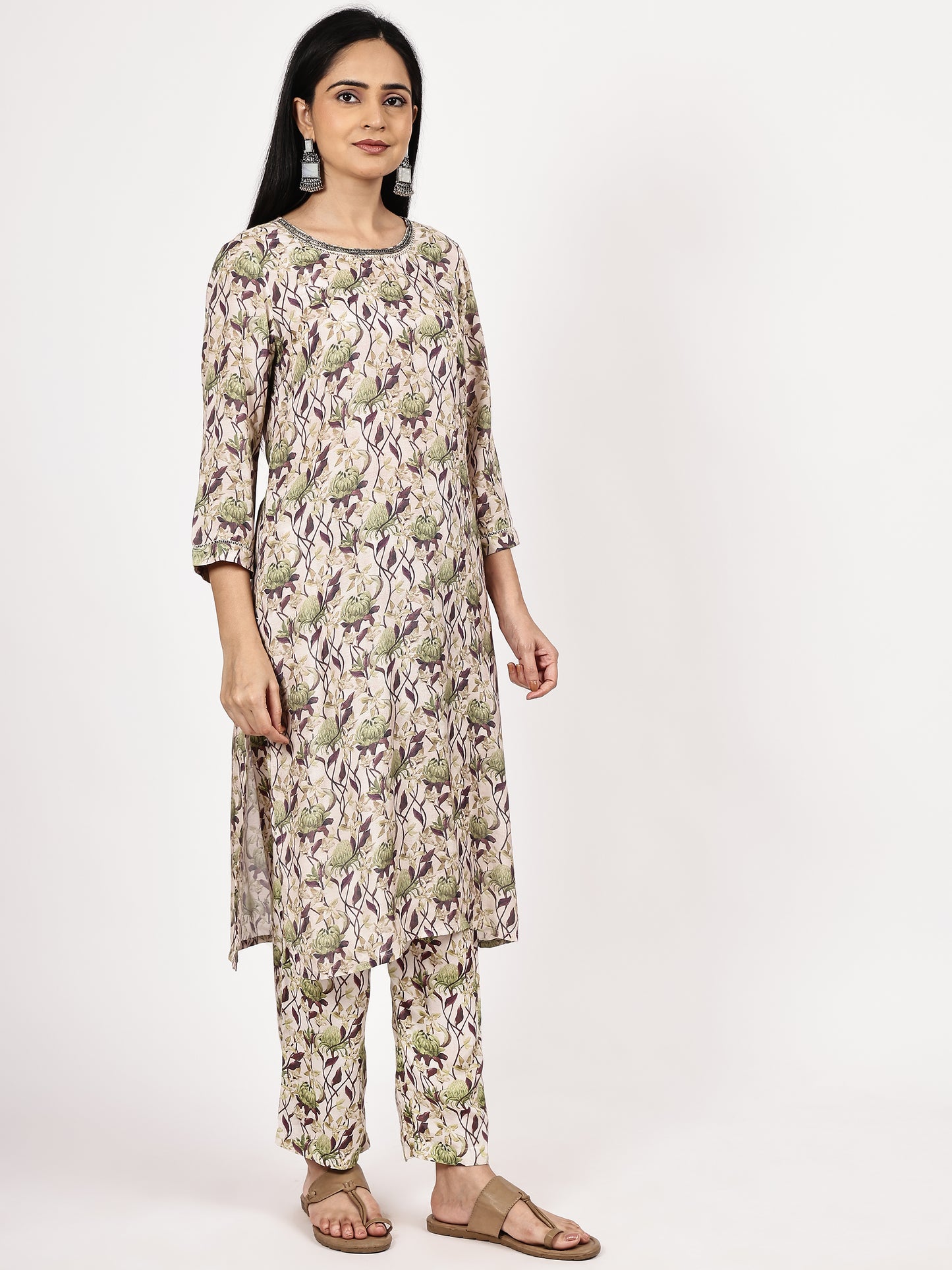 Grey Floral print Kurta with pant