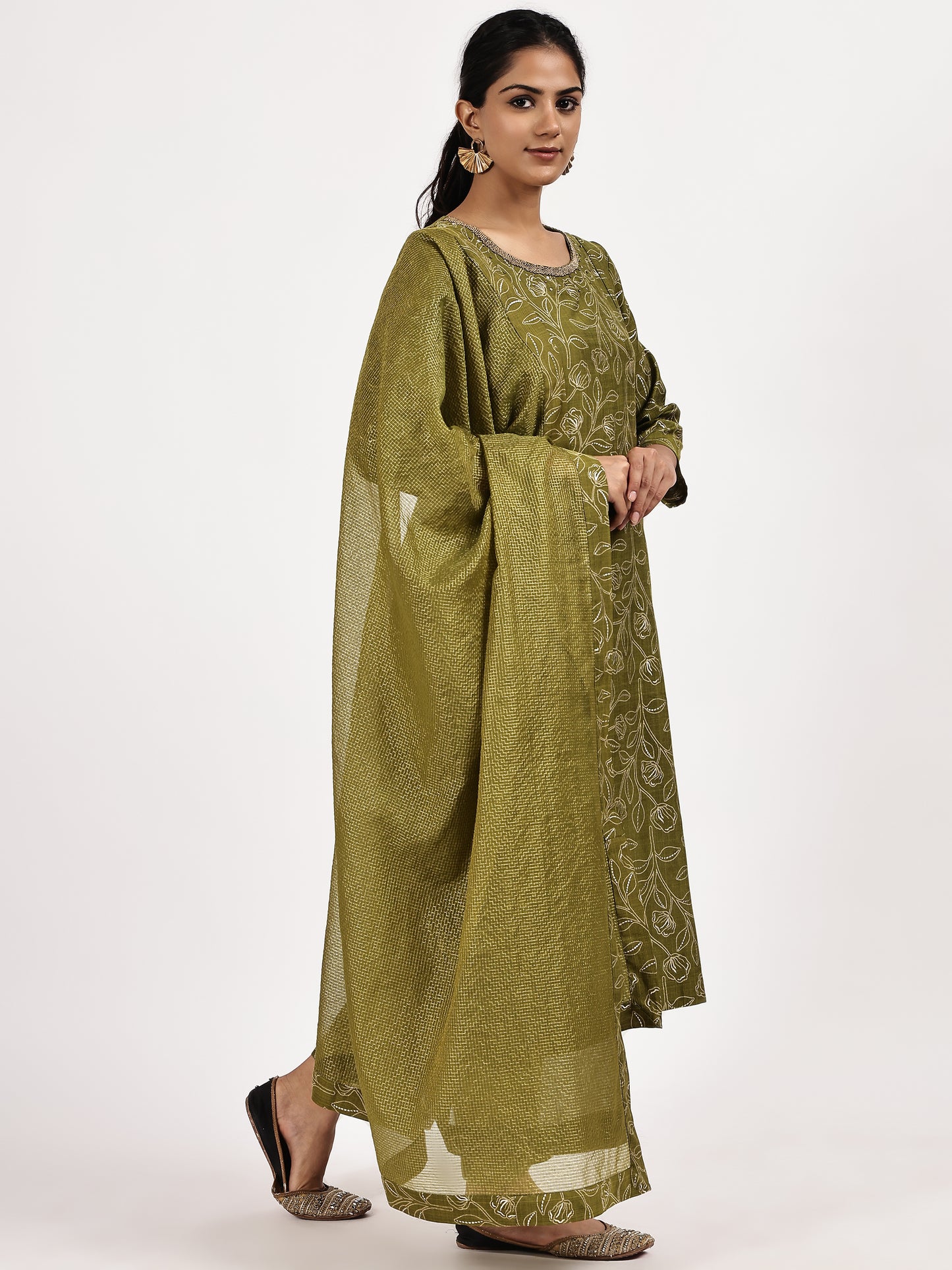 Printed Mehandi Green kurta set with dupatta