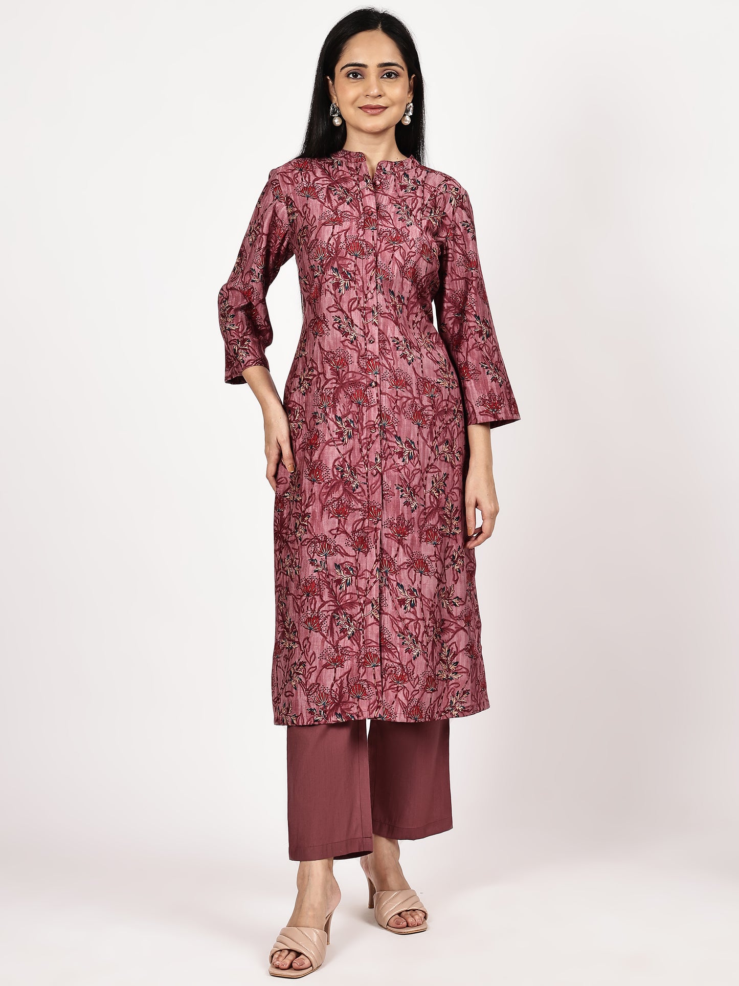 Maroon Printed Kurta Set with Chiffon Dupatta