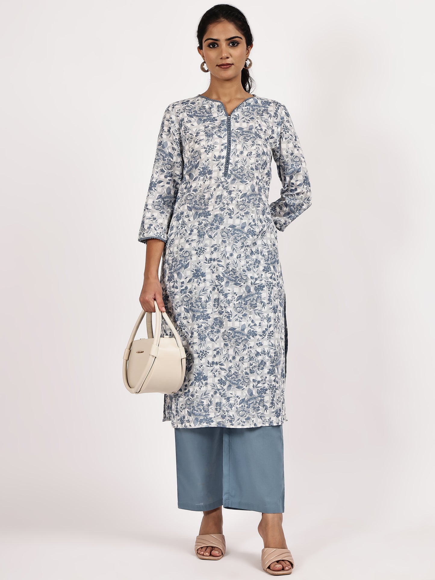 Blue & White Floral Printed Straight Kurta with Pants