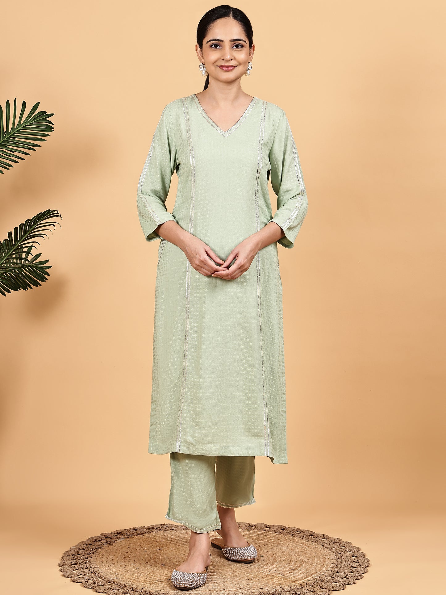 Mint Green Solid Kurta Set with Floral Printed Dupatta