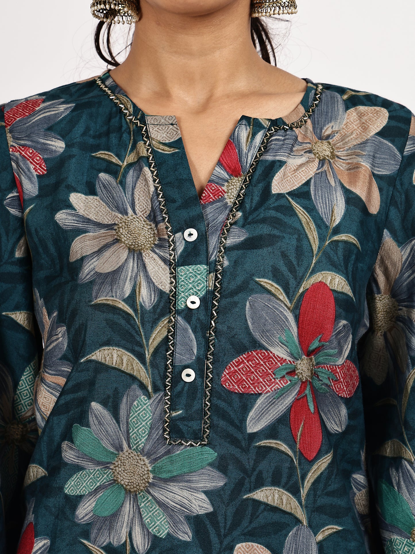 Dark Teal Floral Printed Kurta Set with Pants & Dupatta