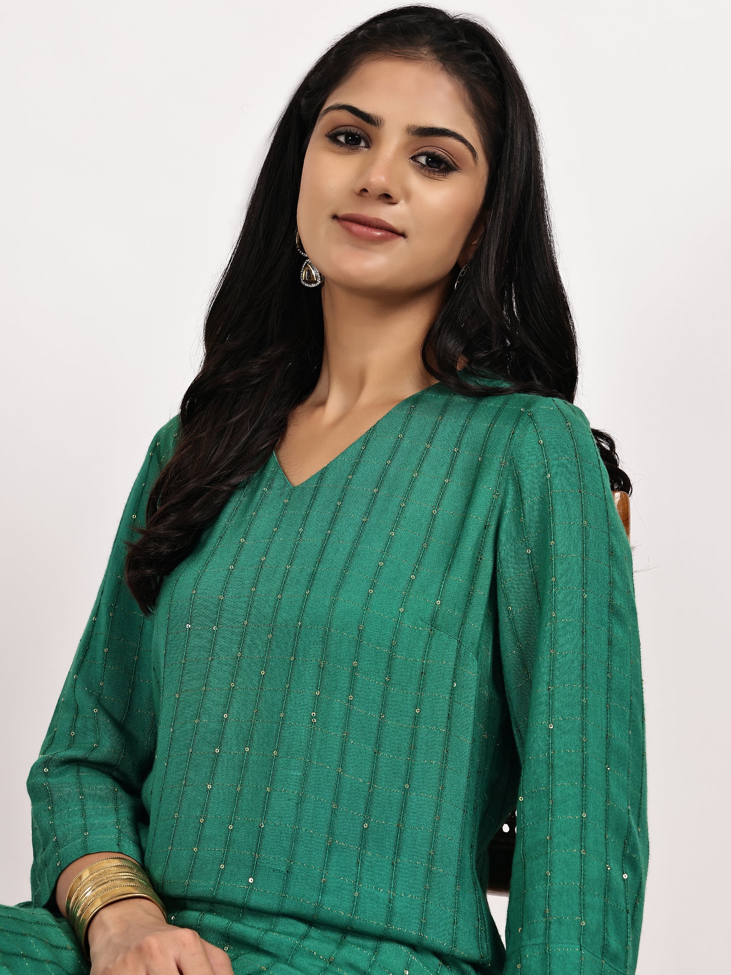 Emerald Green Self-Patterned Kurta with pant