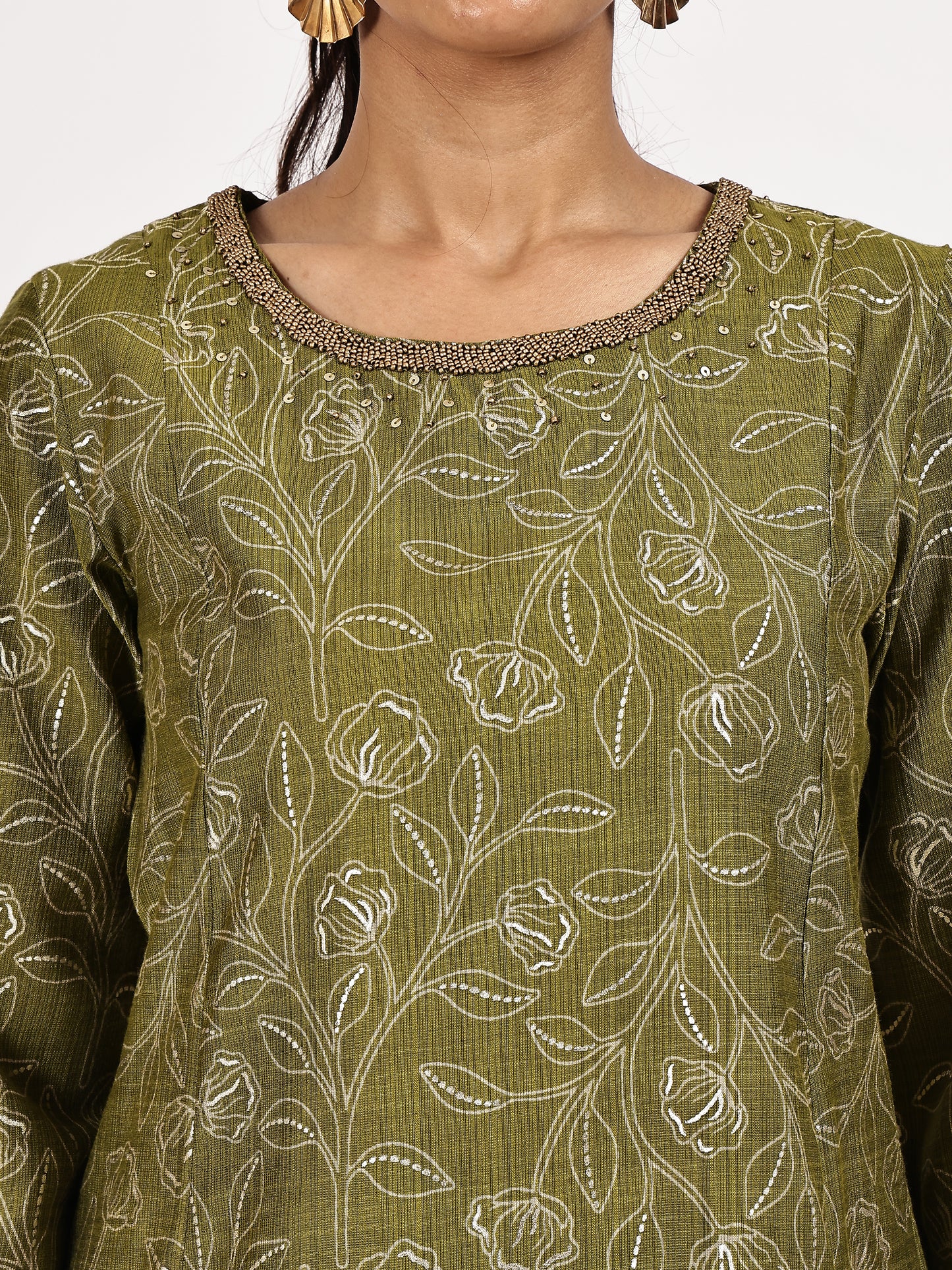 Printed Mehandi Green kurta set with dupatta