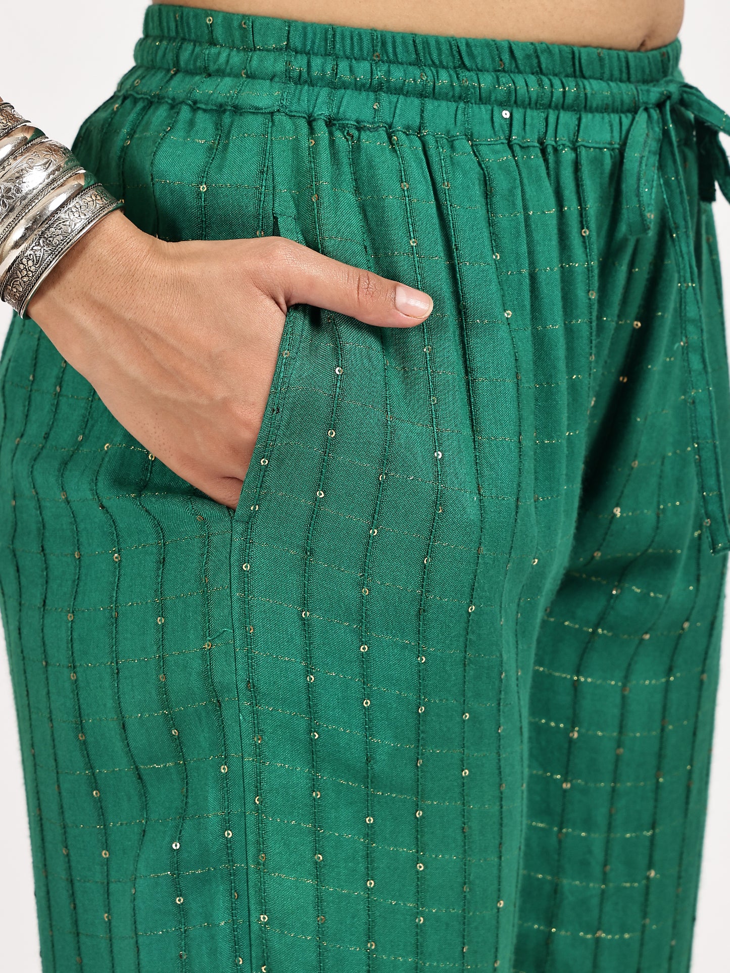 Emerald Green Self-Patterned Kurta with pant