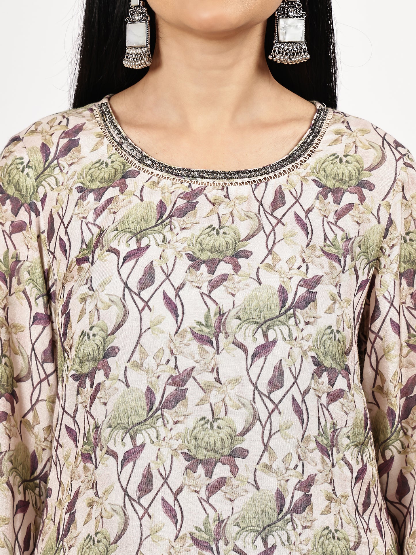 Grey Floral print Kurta with pant