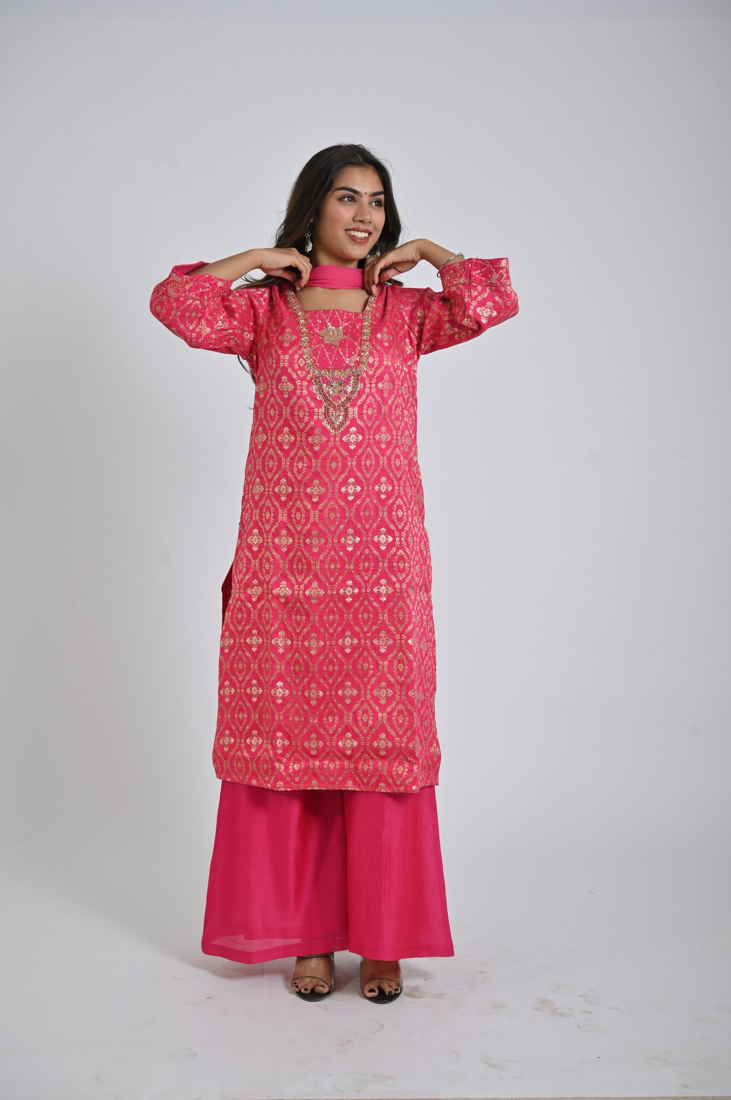 Dark Pink Kurta with plazzo & Dupatta