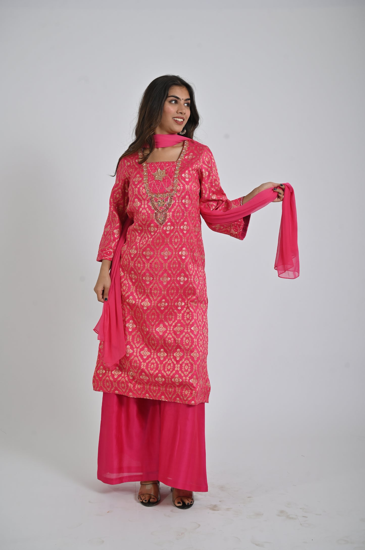 Dark Pink Kurta with plazzo & Dupatta