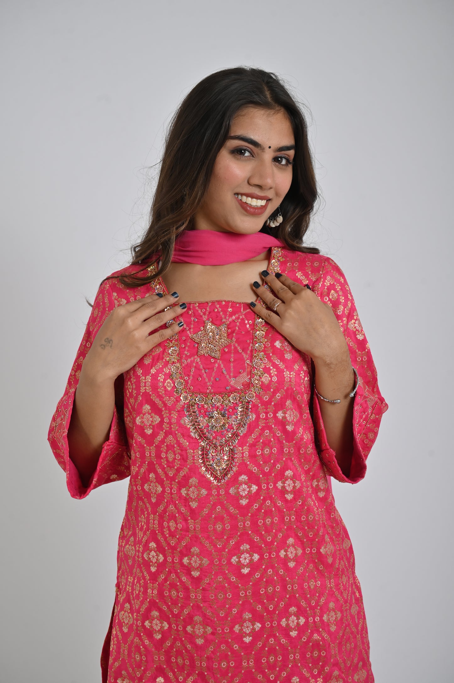 Dark Pink Kurta with plazzo & Dupatta