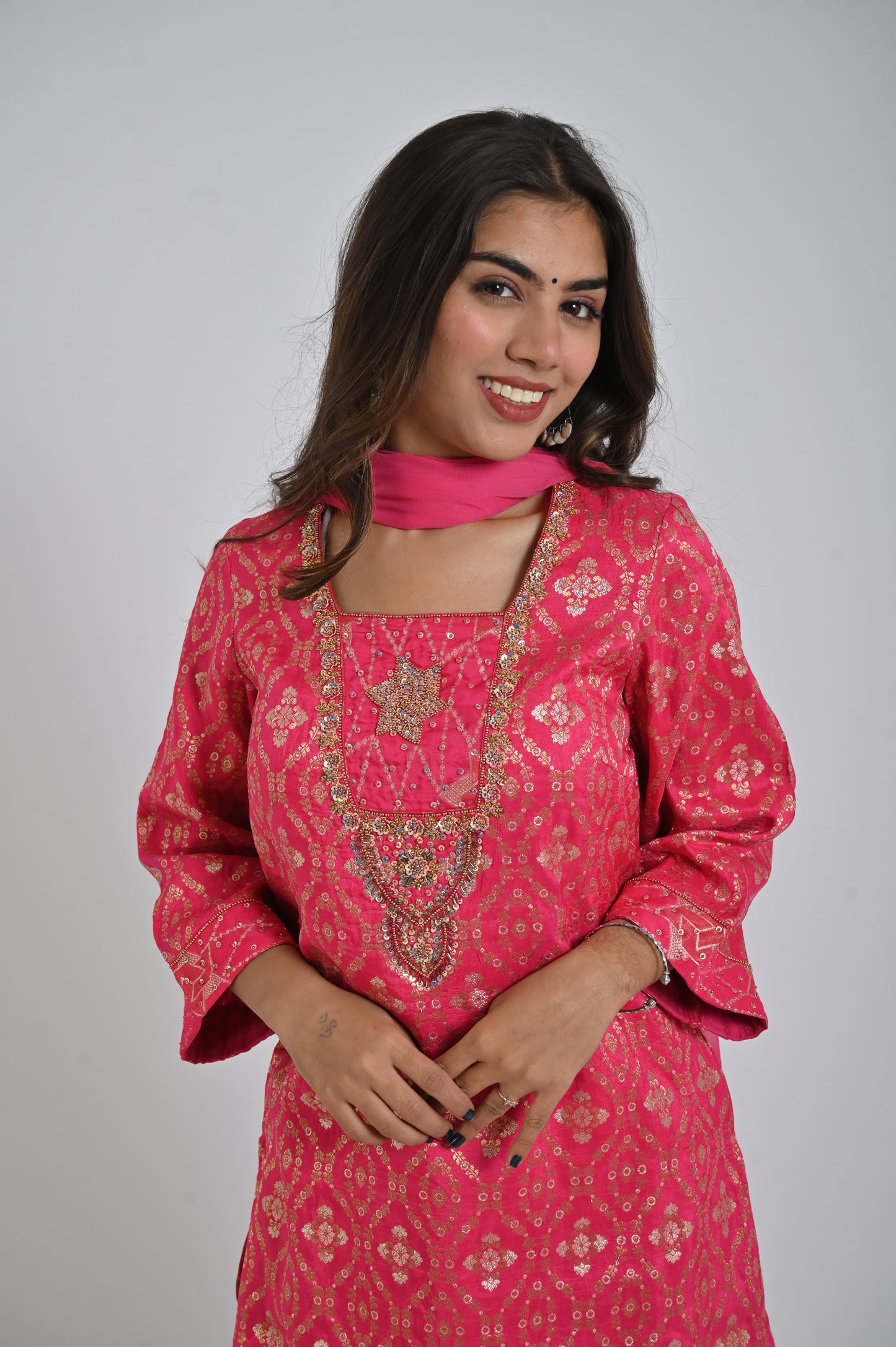 Dark Pink Kurta with plazzo & Dupatta