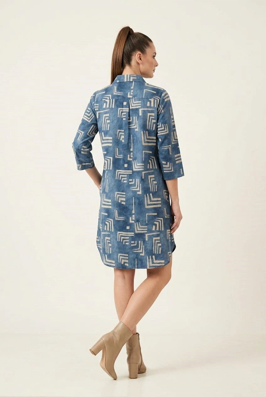 Classic Blue Geometric Printed Shirt Dress - The Bebla