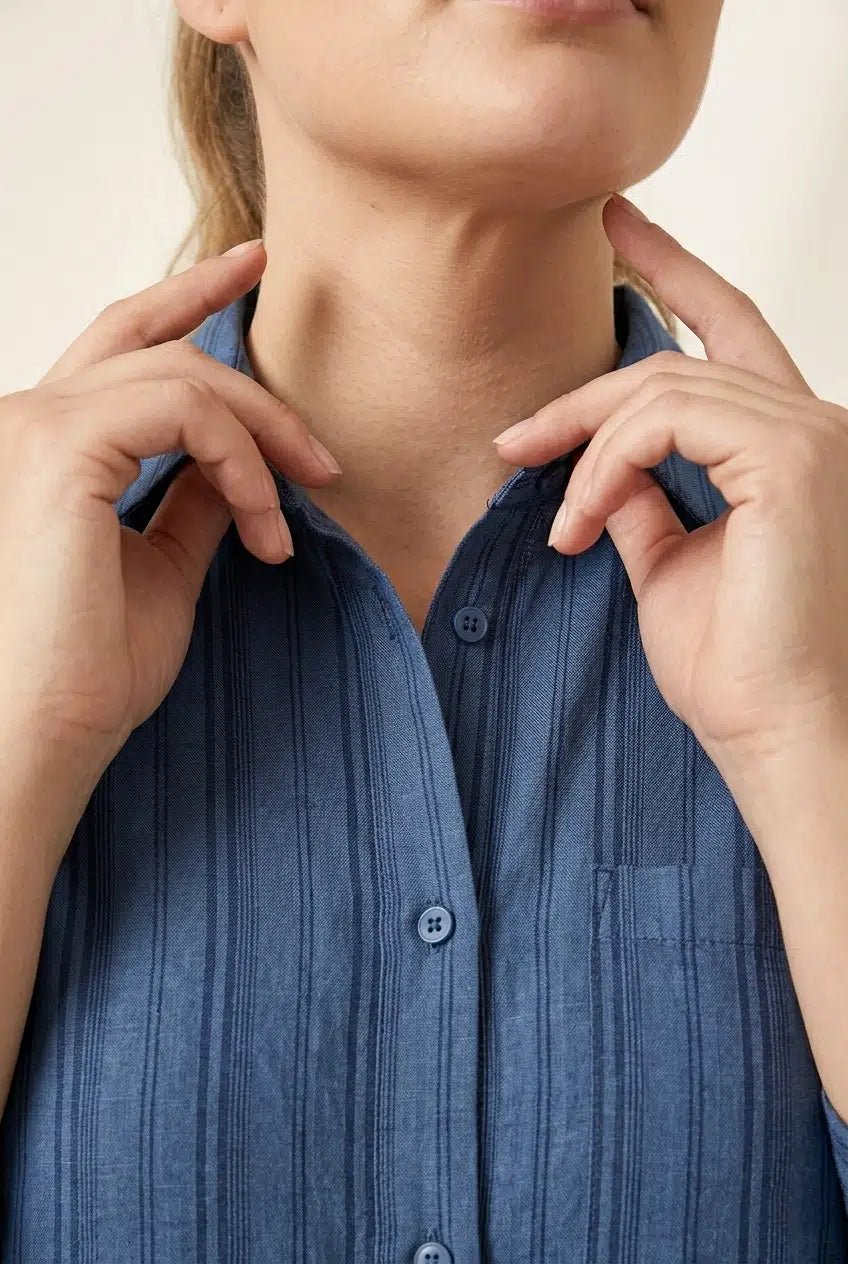 Classic Blue Vertical Tonal Stripe Button - Down Shirt Dress - The Bebla