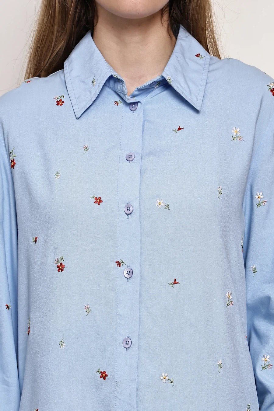 Front opened collar shirt with all over floral embriodery - The Bebla