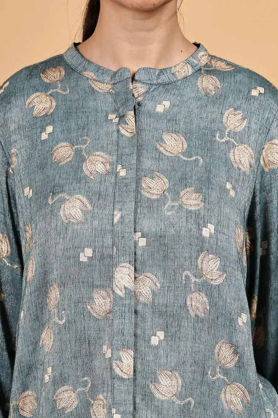 Mandarin collar front opened full sleeve printed shirt - The Bebla