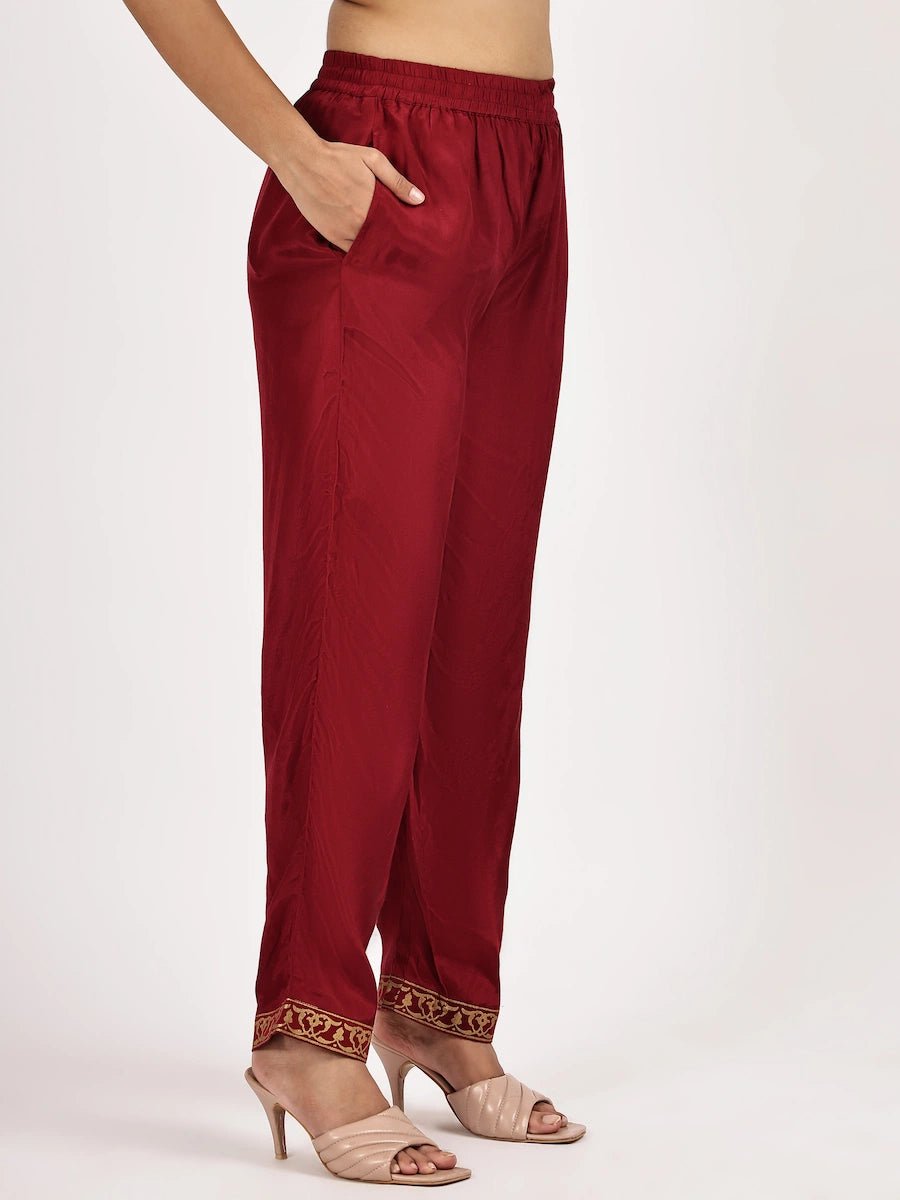 Maroon Embellished Kurta Set with Pants & Dupatta - The Bebla