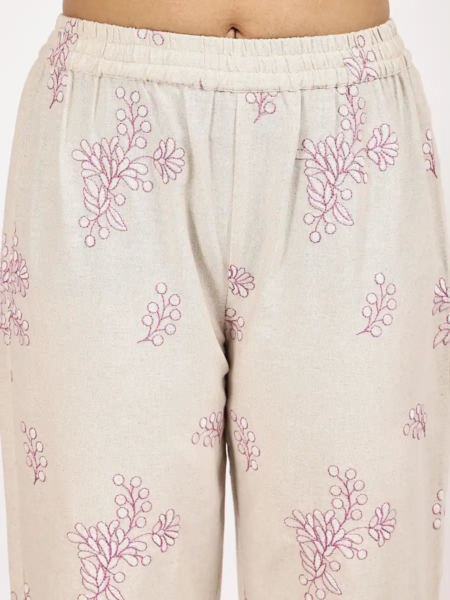 Off - White Embroidered Kurta with pant - The Bebla