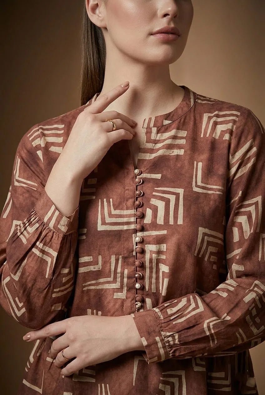 Rust Brown Geometric Printed Top with Button Detail - The Bebla