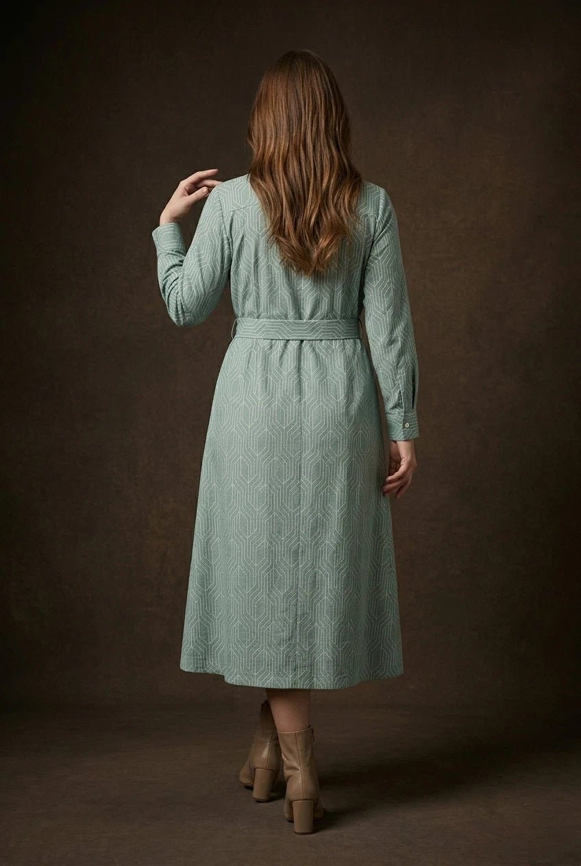 Sage Green Geometric Printed Tie - Up Midi Shirt Dress - The Bebla