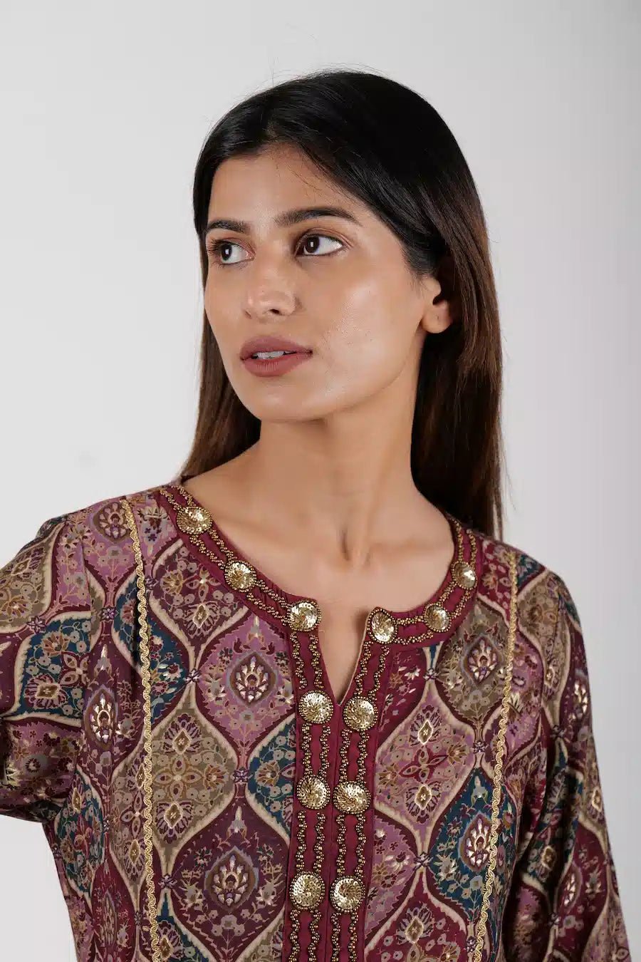 Three - Piece Printed Maroon Kurta Set for Women - The Bebla