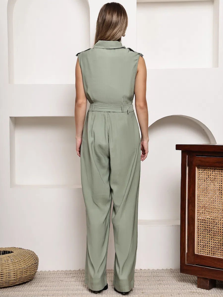 Women's Sage Green Collared Sleeveless Wide - Leg Jumpsuit - The Bebla