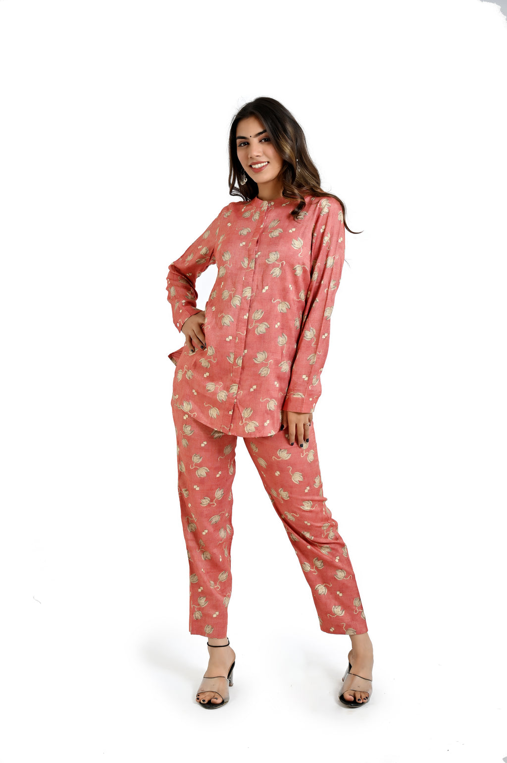 Terracotta Pink Co-Ord Set with Golden Floral Accents