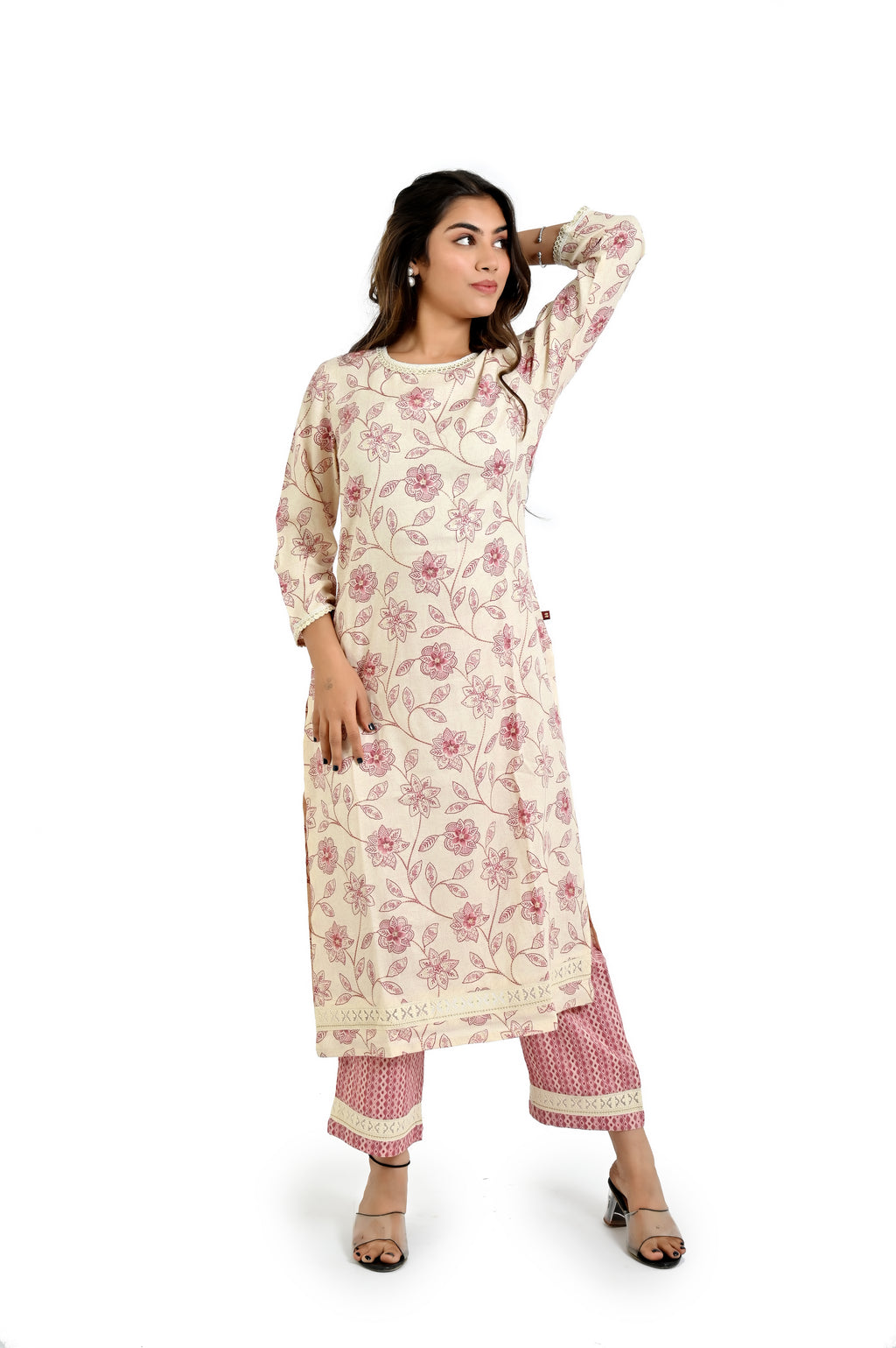 Pastel Pink Printed Kurta and Straight Pants